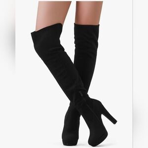 New! Black Chunky Thigh High Over The Knee High Heel Boots